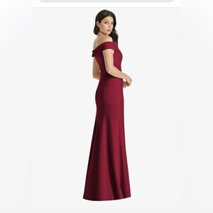 NWT Dessy Collection Off the Shoulder Pleated Cap Sleeve Maxi Dress Burgundy